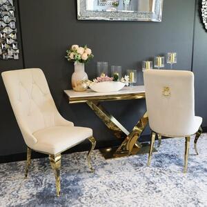 Krzesło glamour Antonio Gold Beige z kołatką pikowane guzikami - złote krzesło tapicerowane beżowe