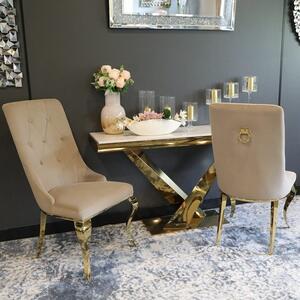 Krzesło glamour Antonio Gold Dark Beige z kołatką pikowane guzikami - złote krzesło tapicerowane beżowe