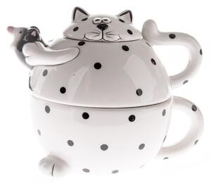 Ceramiczny czajniczek z filiżanką Kot, czarna kropka