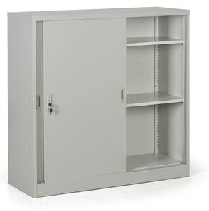 Metalowa szafa z przesuwnymi drzwiami, 2 półki, 1200 x 1200 x 450 mm, jasnoszary