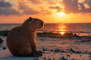 Obraz kapibary o zachodzie słońca