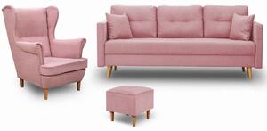 Zestaw mebli skandynawskich do salonu kanapa z fotelem i pufą Różowy