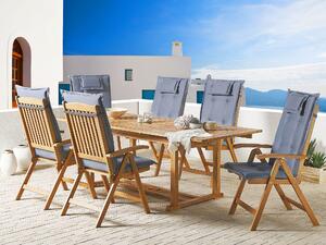 Rustykalny zestaw 6 krzeseł ogrodowych składane jasne drewno akacjowe z poduszkami niebieskimi Java Beliani