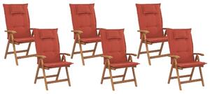 Rustykalny zestaw 6 krzeseł ogrodowych składane jasne drewno akacjowe z poduszkami czerwonymi Java Beliani