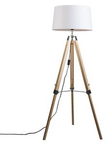 Lampa podłogowa drewno klosz lniany biały 45cm - Tripod Oswietlenie wewnetrzne