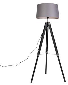 Lampa podłogowa czarna klosz lniany szary 45 cm - Tripod Oswietlenie wewnetrzne