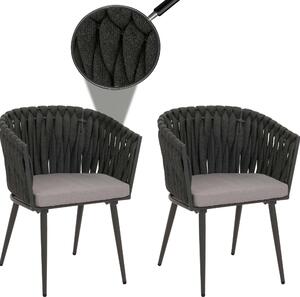 Zestaw 2 aluminiowych krzeseł ogrodowych HWC-N38, podłokietnik krzesła zewnętrznego, splot linowy Olefin Rope ~ antracyt poduszka jasnoszara
