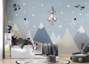 Fototapety Rakieta, satelity i astronauci nad górami, Fototapety Dziecięce, u96333 : Uwalls.pl