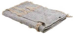 Koc bawełniany z frędzlami i wyszywanym wzorem 130 x 180 cm szaro-beżowy Hospet Beliani