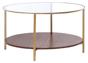 Okrągły stolik kawowy szkło hartowane metal półka złoty z ciemnym drewnem Libby Beliani