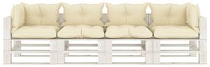 Ogrodowa sofa 4-osobowa z palet, z kremowymi poduszkami, drewno