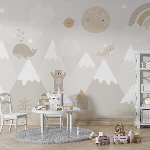 Fototapety Góry z uroczymi zwierzętami, chmurami i planetami, beżowe kolory, Fototapety Dziecięce, Fototapety Skandynawskie, u99206 : Uwalls.pl