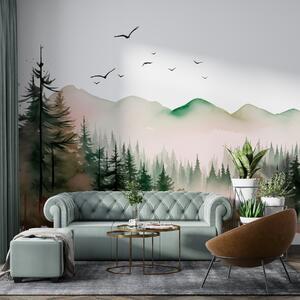 Fototapety Akwarelowe leśne i górskie krajobrazy, zielone i różowe kolory , Fototapety Natura, w02150v1 : Uwalls.pl