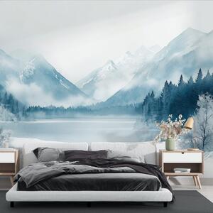 Fototapety Zimowe góry, zamarznięte jezioro, sosnowy las, niebieska paleta kolorów, styl akwareli, Fototapety Natura, w02354 : Uwalls.pl
