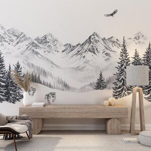 Fototapety Zimowe góry, pantery śnieżne, las sosnowy, rysunek ołówkiem, latający orzeł, Fototapety Natura, w02360 : Uwalls.pl