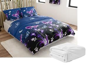 Zestaw pościeli z mikropluszu VIOLET BUTTERFLY ciemnoniebieski + prześcieradło z mikropluszu SOFT 180x200 cm białe, łóżko podwójne
