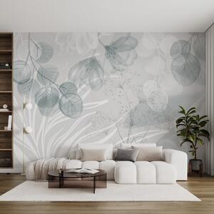 Fototapety Kwiatowe elementy eukaliptusa w odcieniach błękitu i bieli z zachodzącymi na siebie liśćmi i, Fototapety Akwarele, w08599 : Uwalls.pl