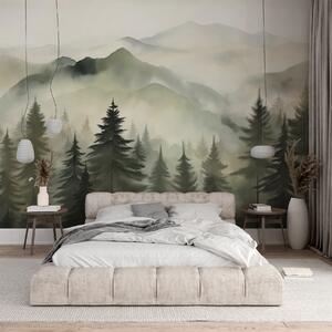 Fototapety Krajobraz górski z lasem sosnowym i warstwowymi górami o świcie z lekką mgłą akwarela imitacja, Fototapety Natura, w08639 : Uwalls.pl