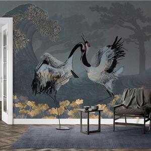Fototapety Żurawie, drzewa i fale z elementami w stylu chińskim, Fototapety Zwierzęta, Fototapety Ptaki, w02747 : Uwalls.pl