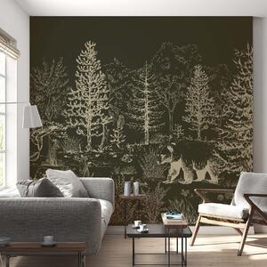Fototapety Życie lasu, drzewa, dzikie zwierzęta, niedźwiedź, lis, sowa, krzaki, ciemnozielone tło, Fototapety Natura, w02929v3 : Uwalls.pl