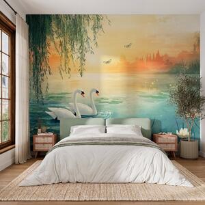 Fototapety Romantyczny krajobraz w stylu malarstwa olejnego z dwoma białymi łabędziami na jeziorze, Fototapety Kwiaty, w03017 : Uwalls.pl