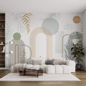 Fototapety Abstrakcyjny nadruk z geometrycznymi kształtami, łukami i tropikalnymi liśćmi na, Fototapety Natura, Fototapety Palmy, w08835 : Uwalls.pl