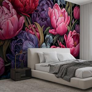 Fototapety Tulipany i piwonie w stylu wiktoriańskim, w kolorach różowym i fioletowym, Fototapety Kwiaty, Fototapety Duże kwiaty, w08818 : Uwalls.pl