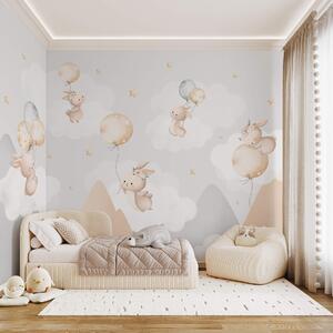 Fototapety Króliczki z balonikami na chmurach wśród górskich szczytów, Fototapety Zwierzęta, w03375v1 : Uwalls.pl