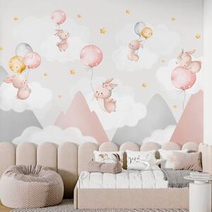 Fototapety Króliczki z balonikami na chmurach wśród górskich szczytów, Fototapety Zwierzęta, w03375 : Uwalls.pl