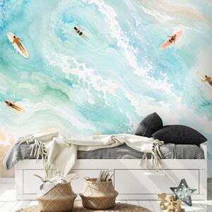 Tapeta akwarelowe morze z surferami