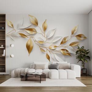Fototapety Żółte i białe liście na gałęzi, elegancki design, białe tło, minimalistyczny styl, sztuka dekoracyjna,, Fototapety 3D, w09015 : Uwalls.pl