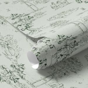 Tapety Scena z końmi, drzewami i zamkiem na zielonym tle, Tapety vintage, a00133v1 : Uwalls.pl