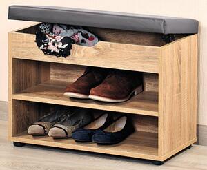 Drewniana szafka na buty z siedziskiem, regał do przedpokoju z praktyczną ławeczką do siedzenia