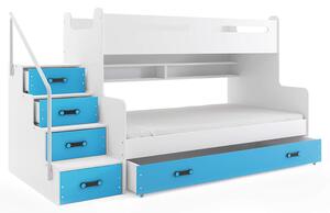 EMWOmeble Łóżko piętrowe z szufladą MAX 3 – 2 osobowe – BIAŁE skrzynia niebieska 200x120