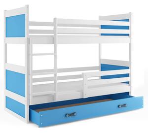 EMWOmeble Łóżko piętrowe z materacem RICO – 2 osobowe – BIAŁE szuflada niebieska 160x80