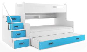 EMWOmeble Łóżko piętrowe z szufladą MAX 3 – 3 osobowe – BIAŁE skrzynia niebieska 200x120