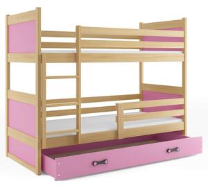 EMWOmeble Łóżko piętrowe z materacami RICO – 2 osobowe – SOSNA szuflada różowa 160x80