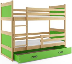 EMWOmeble Łóżko piętrowe z materacami RICO – 2 osobowe – SOSNA szuflada zielona 160x80