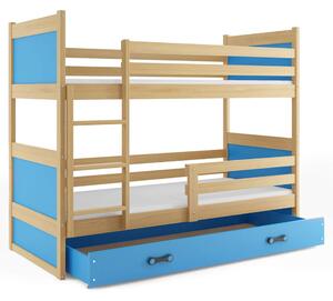 EMWOmeble Łóżko piętrowe z materacami RICO – 2 osobowe – SOSNA szuflada niebieska 160x80