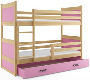 EMWOmeble Łóżko piętrowe z materacami RICO – 2 osobowe – SOSNA szuflada różowa 160x80