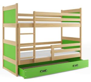 EMWOmeble Łóżko piętrowe z materacami RICO – 2 osobowe – SOSNA szuflada zielona 160x80