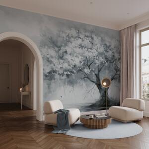 Fototapety Abstrakcyjne stonowane niebieskie kwitnące drzewo obok rzeki, miękkie, Fototapety Las, Fototapety Drzewa, w09193v2 : Uwalls.pl