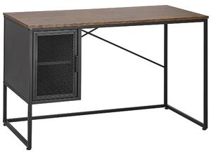 Industrialne biurko z szafką metalowa siatka 2 półki czarny ciemne drewno Vince Beliani