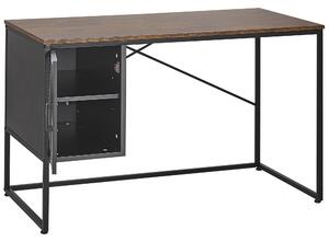 Industrialne biurko z szafką metalowa siatka 2 półki czarny ciemne drewno Vince Beliani