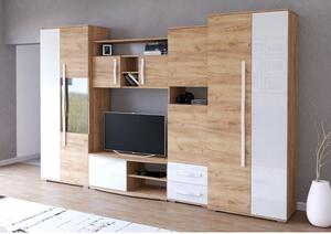 Stylowa meblościanka do salonu LARA dąb craft złoty / biały połysk