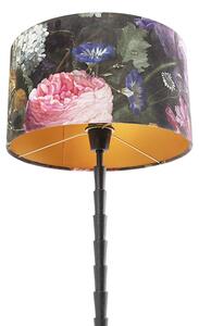 Lampa stołowa art deco czarna klosz welurowy kwiaty 35cm - Pisos Oswietlenie wewnetrzne