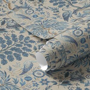 Tapety Styl Toile de Jouy z niebieskimi ptakami i tropikalnymi drzewami, Tapety Z kwiatami, a00382 : Uwalls.pl