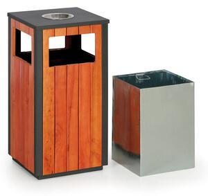 Zewnętrzny kosz na śmieci z popielniczką, 380 x 380 x 755 mm, czarny / wzór drewna