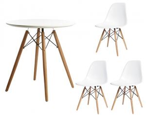 Zestaw stół okrągły PARIS 60 cm + 3x krzesło MILANO białe nogi bukowe