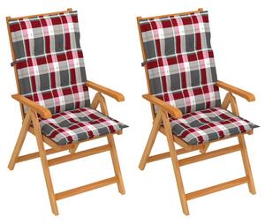 Krzesła ogrodowe, 2 szt., z poduszkami w czerwoną kratę, tekowe